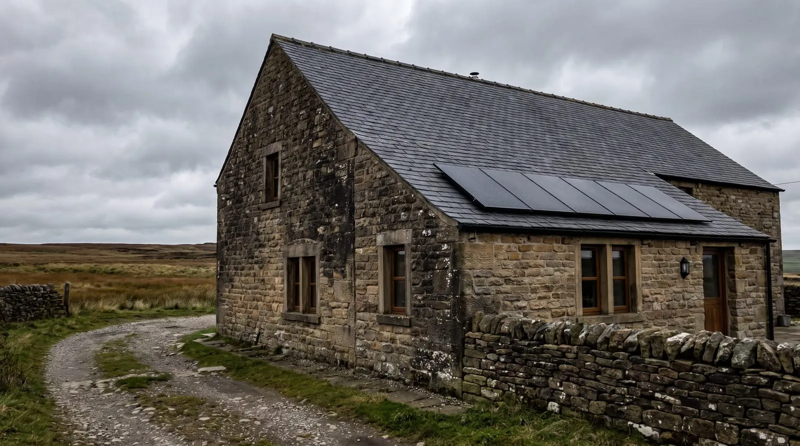 A stone cottage with a slate roof and solar panels