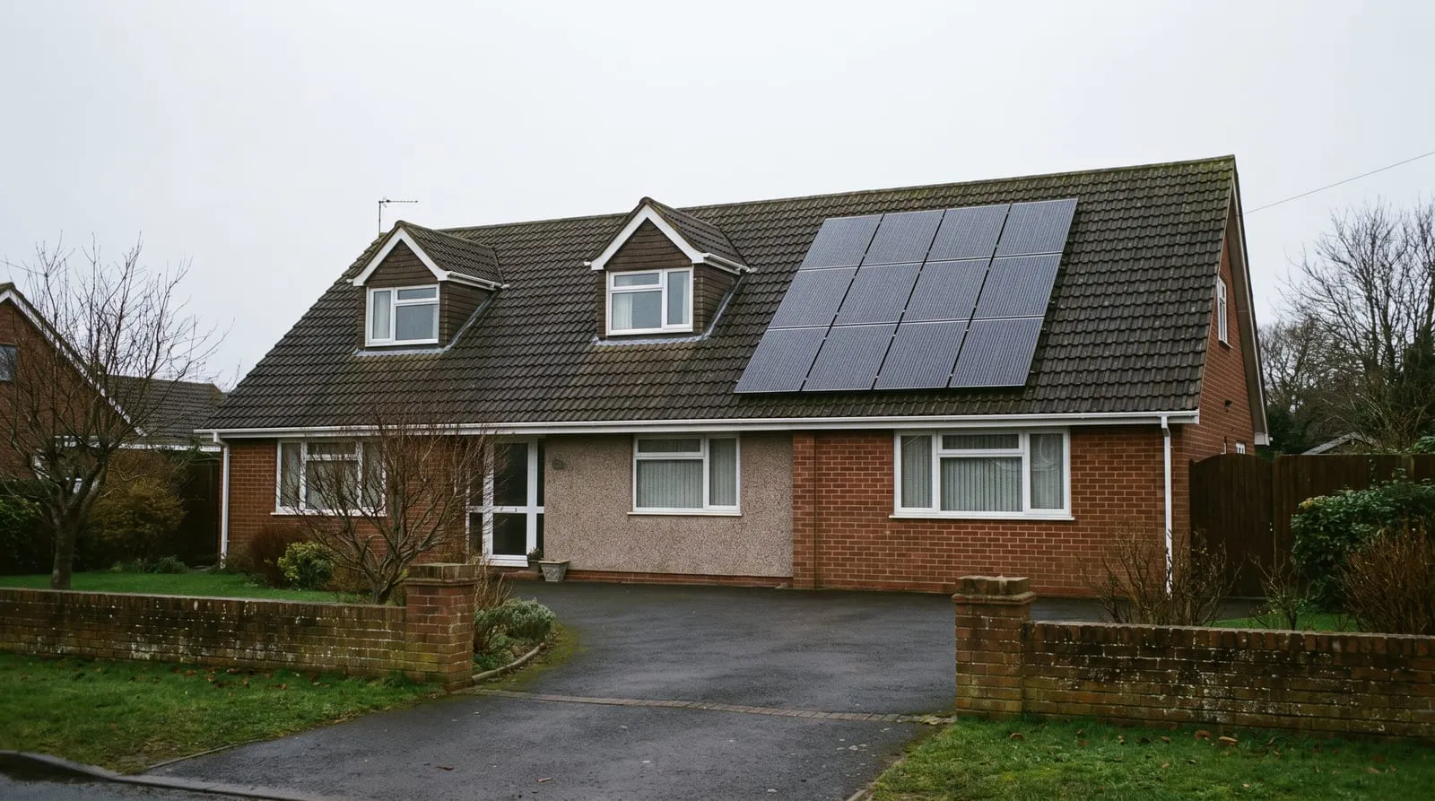 A dormer bungalow with a large tiled roof and solar panels