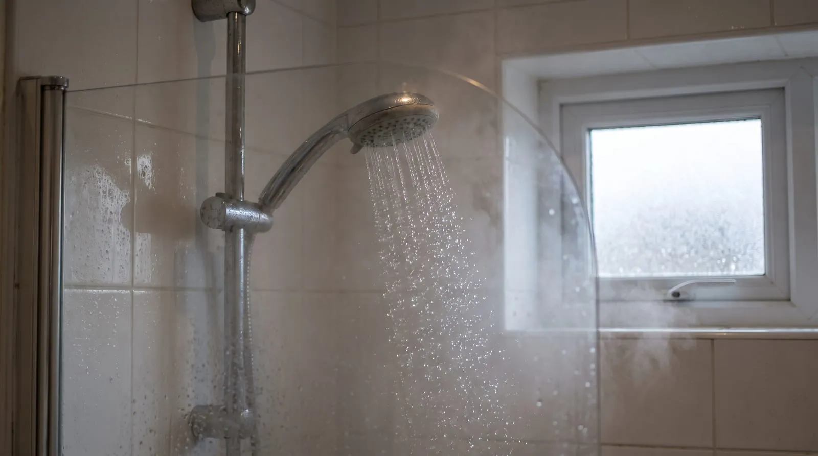 A shower running in a tiled bathroom