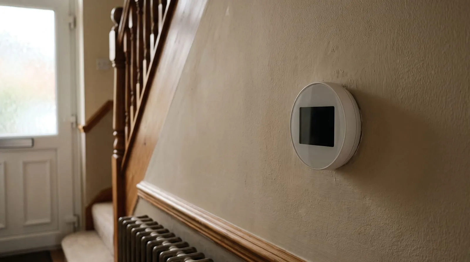 A heating thermostat on a hallway wall