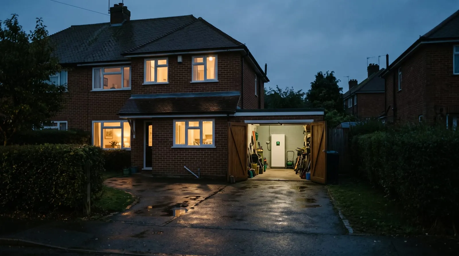 A semi-detached house with its lights on at dusk