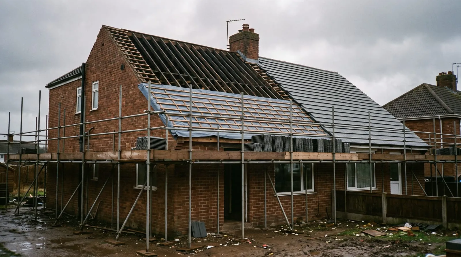 A house under scaffolding with its roof being re-tiled