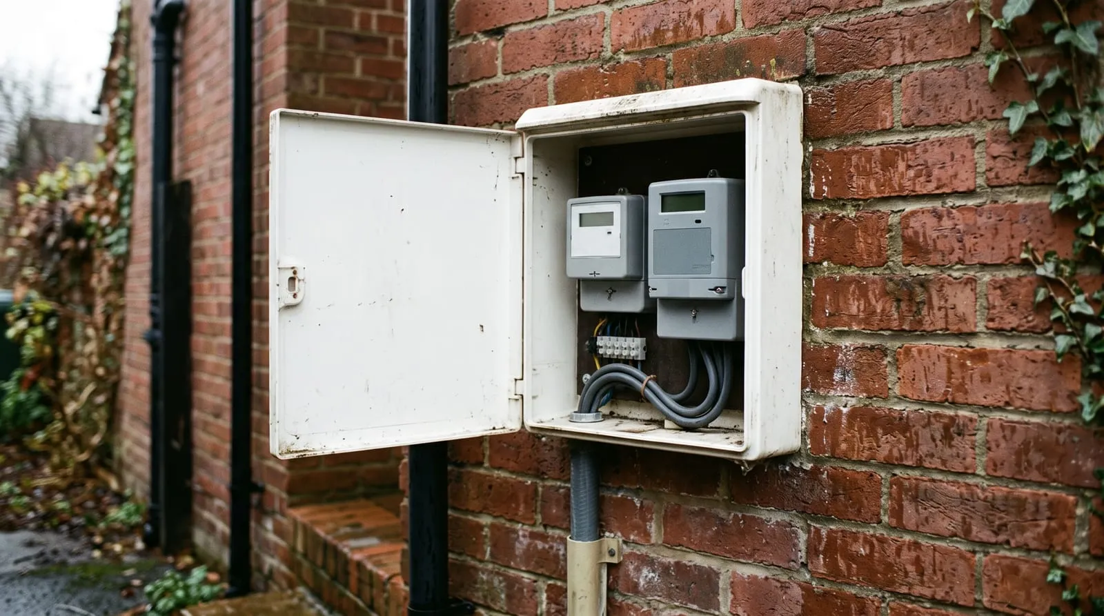 Electricity meters inside an outdoor meter box on a brick wall