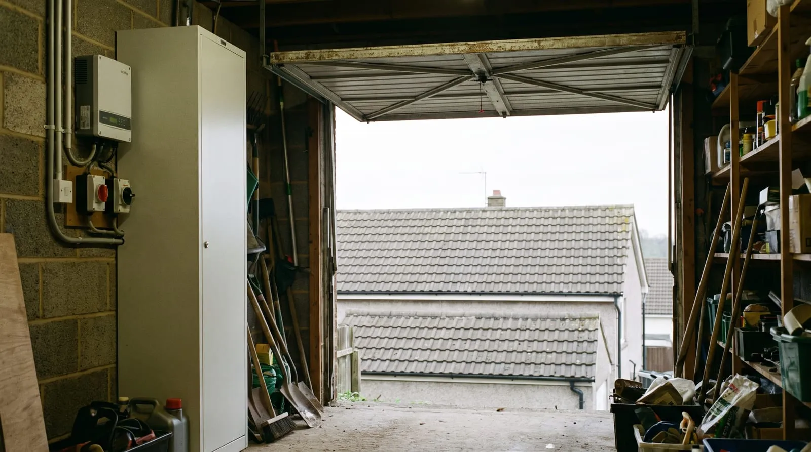 A home battery and inverter fitted in a garage
