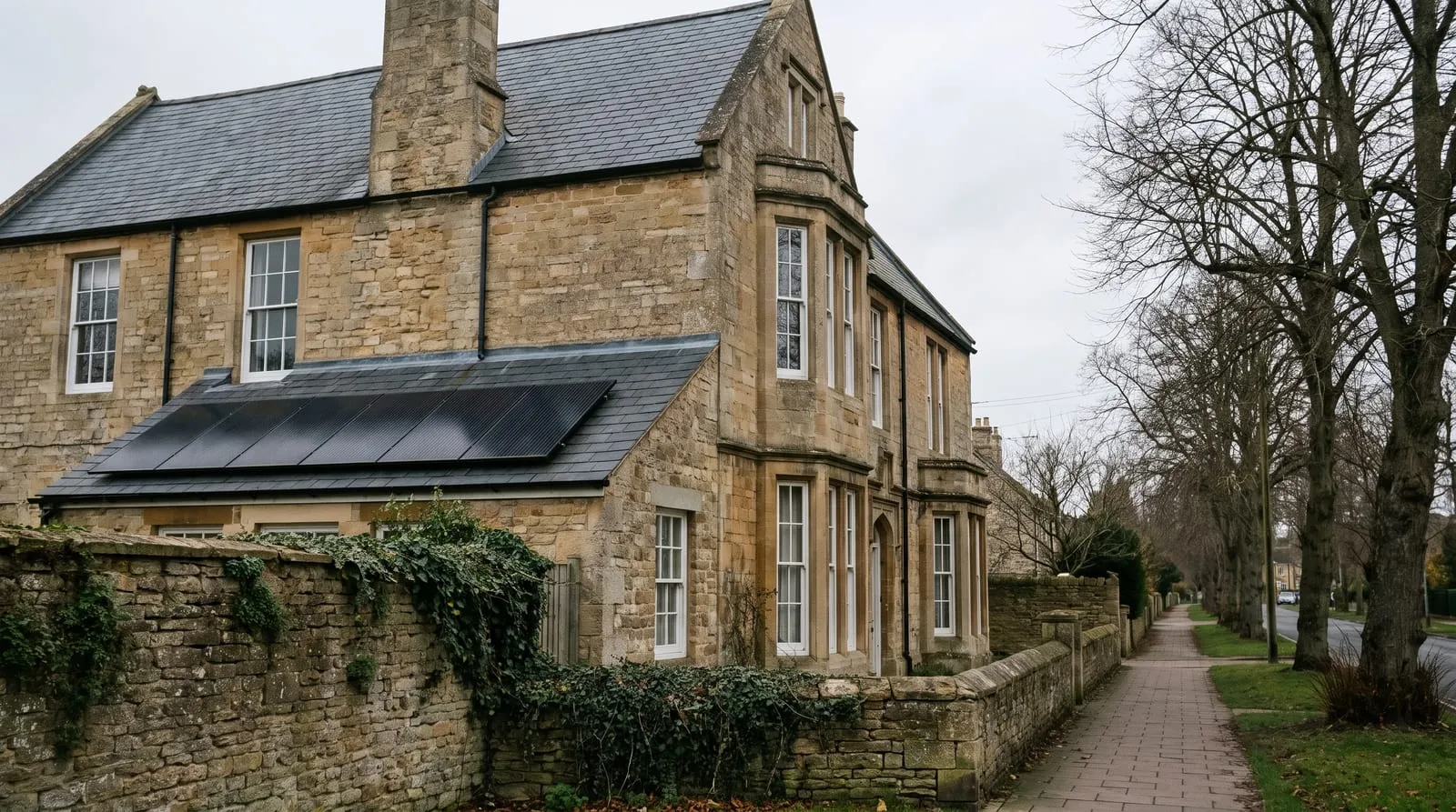 A stone period house with solar panels on a lower roof